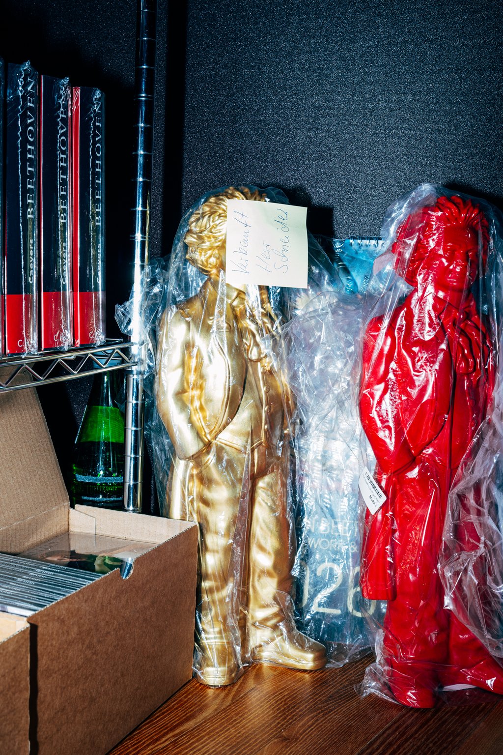 Zwei plastifizierte Beethoven-Statuen, eine in Gold, die andere in Rot. Sie stehen neben einer Bücherreihe und einem Karton.