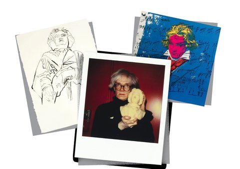 Eine Collage mit einem Foto von Andy Warhol, der eine Beethoven-Büste hält, umgeben von zwei Kunstwerken von Warhol im typischen stilisierten Pop-Art-Stil.