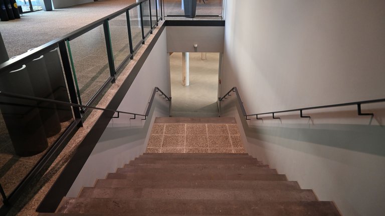 Eine breite Treppe mit glatten Holzstufen führt nach unten in ein modernes Gebäude mit Glasgeländer und cremefarbenen Wänden.