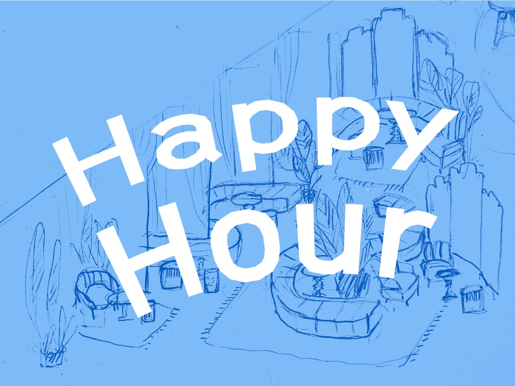 Skizze eines gemütlichen Bar-Interieurs in Blau, überlagert mit dem Text "Happy Hour" in großen weißen Buchstaben.